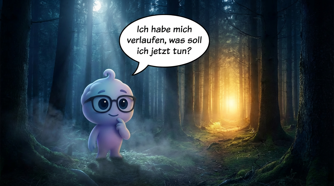Thinky im Wald mit Sprechblase: Ich habe mich verlaufen, was soll ich jetzt tun?